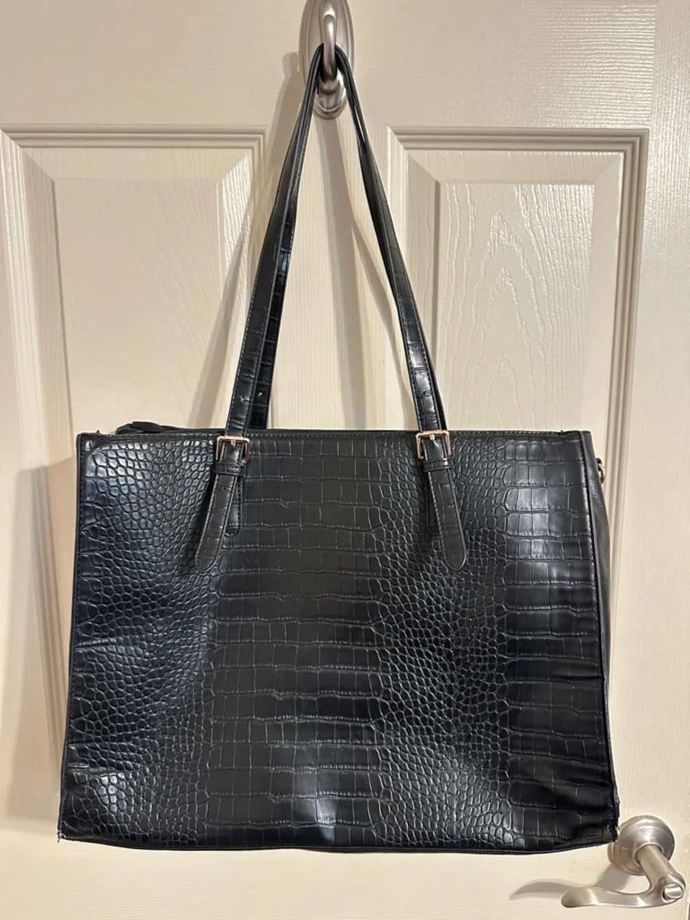 Elegant Croc-Embossed Laptop Shoulder Tote Bag, Black, Fits up to 16” Laptop